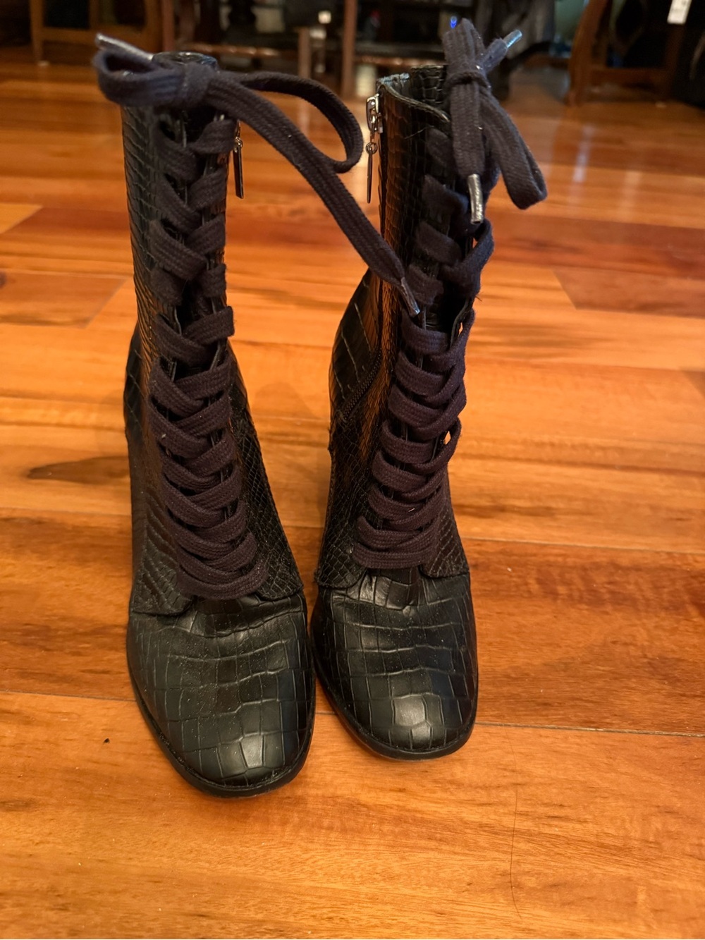 SCHUTZ Black Croc-Embossed Lace-Up Ankle Boots